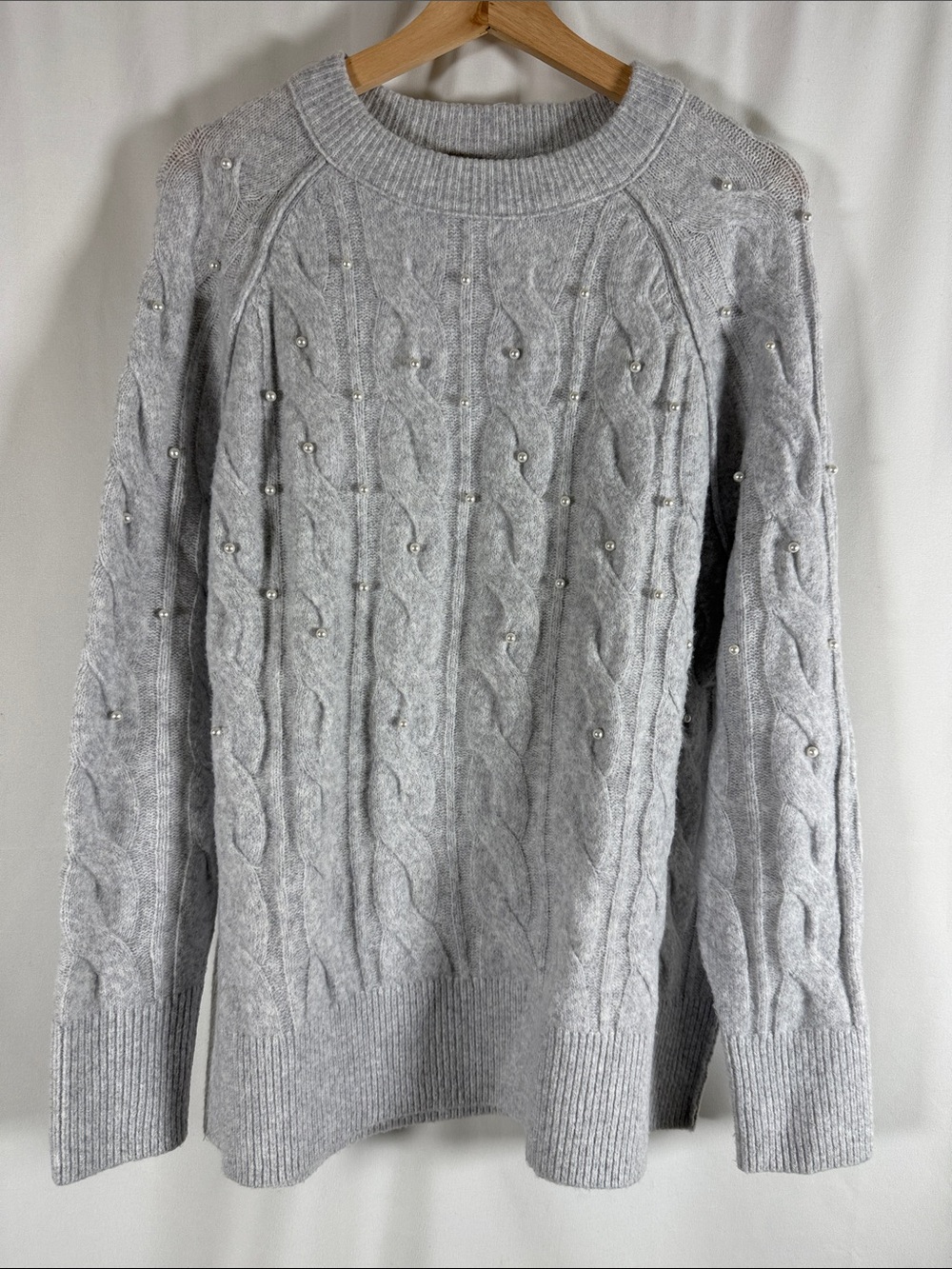 aerie Light Gray Cable Knit Crew Sweater with Pearl Accents